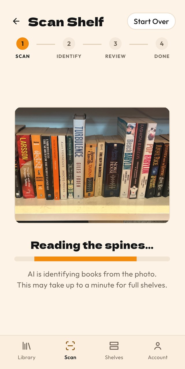 Reading the spines of a shelf photo